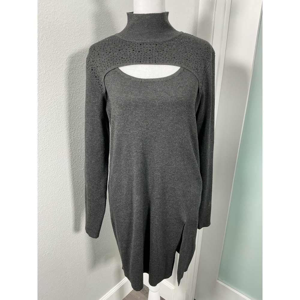 NWT Cable & Gauge Charcoal Gray Cutout Rhinestone Sweater Dress Size L